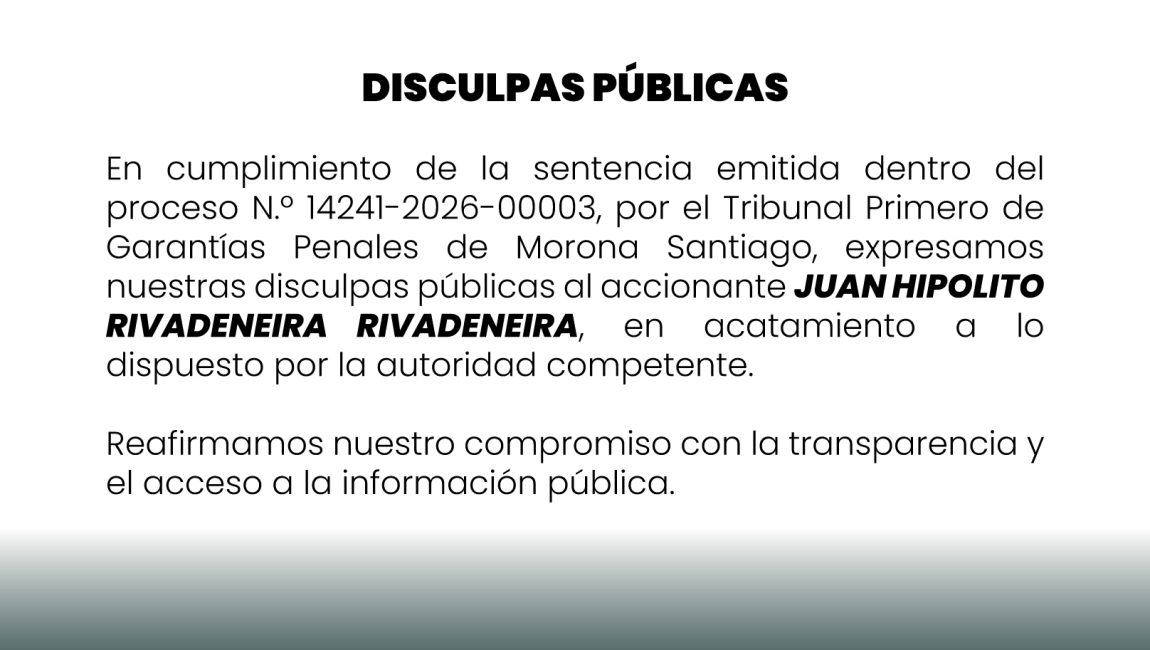 Disculpas públicas: Cumplimiento de sentencia judicial Juicio No. 14241-2026-00003