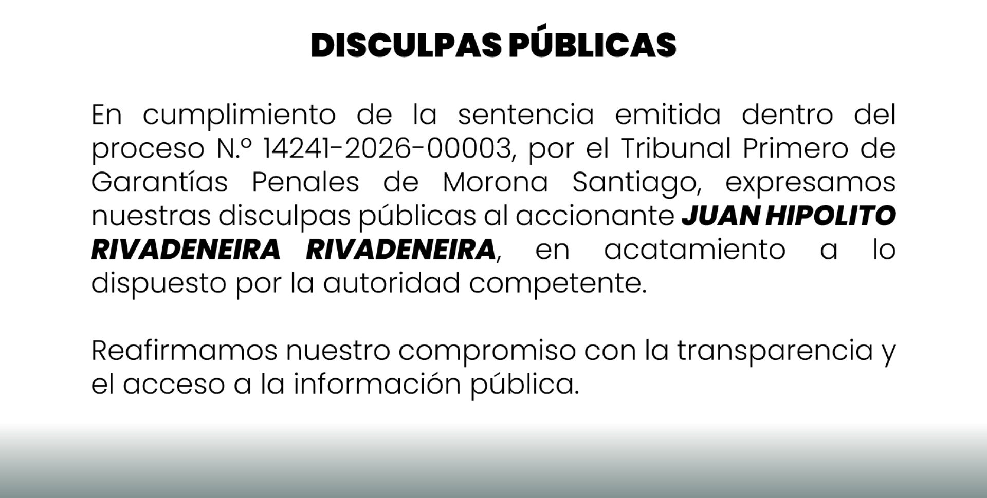 Disculpas públicas: Cumplimiento de sentencia judicial Juicio No. 14241-2026-00003