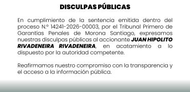Disculpas públicas: Cumplimiento de sentencia judicial Juicio No. 14241-2026-00003